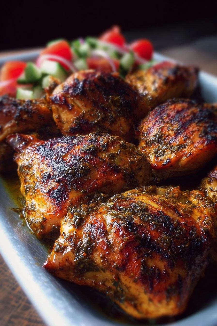 Juicy marinated chicken on a grill, ready to serve with fresh herbs.