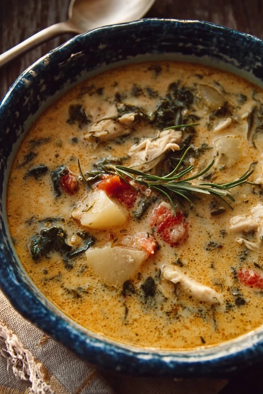 Bowl of Marry Me Tuscan Chicken Soup with fresh ingredients and herbs