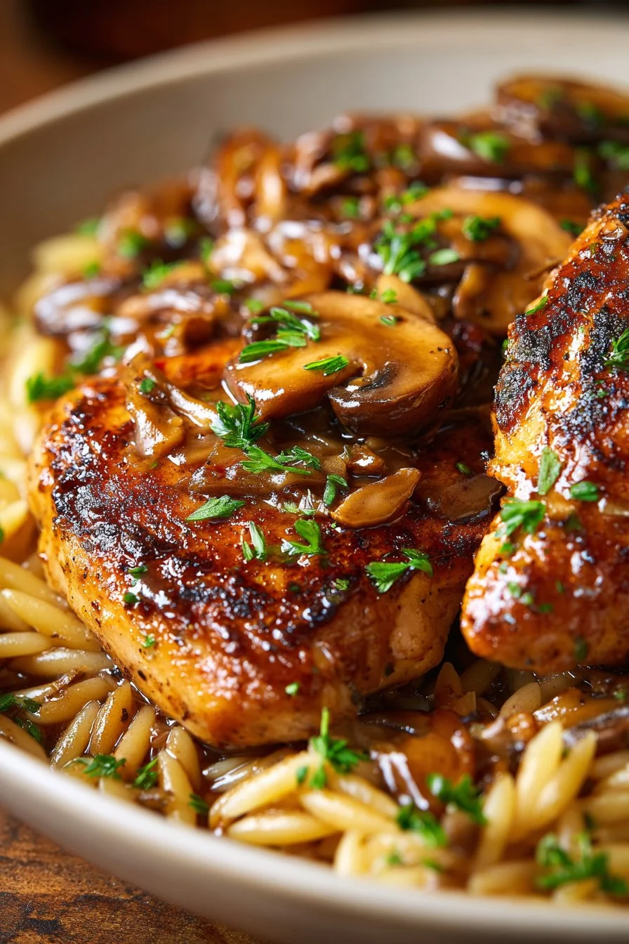 Delicious Marsala Chicken Orzo served in a bowl with fresh herbs.
