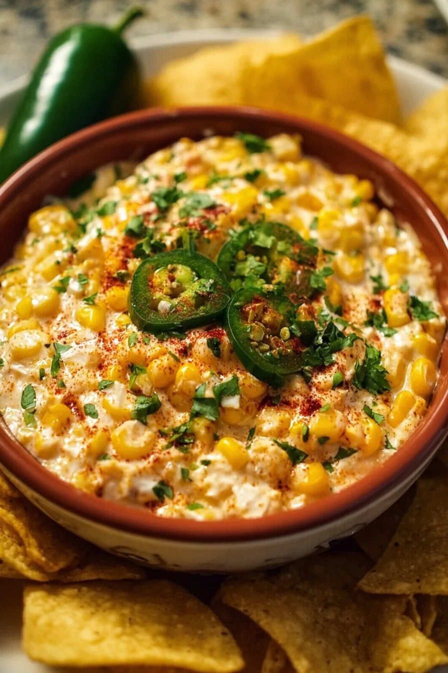 Delicious Mexican Street Corn Dip served in a bowl garnished with herbs and cheese.