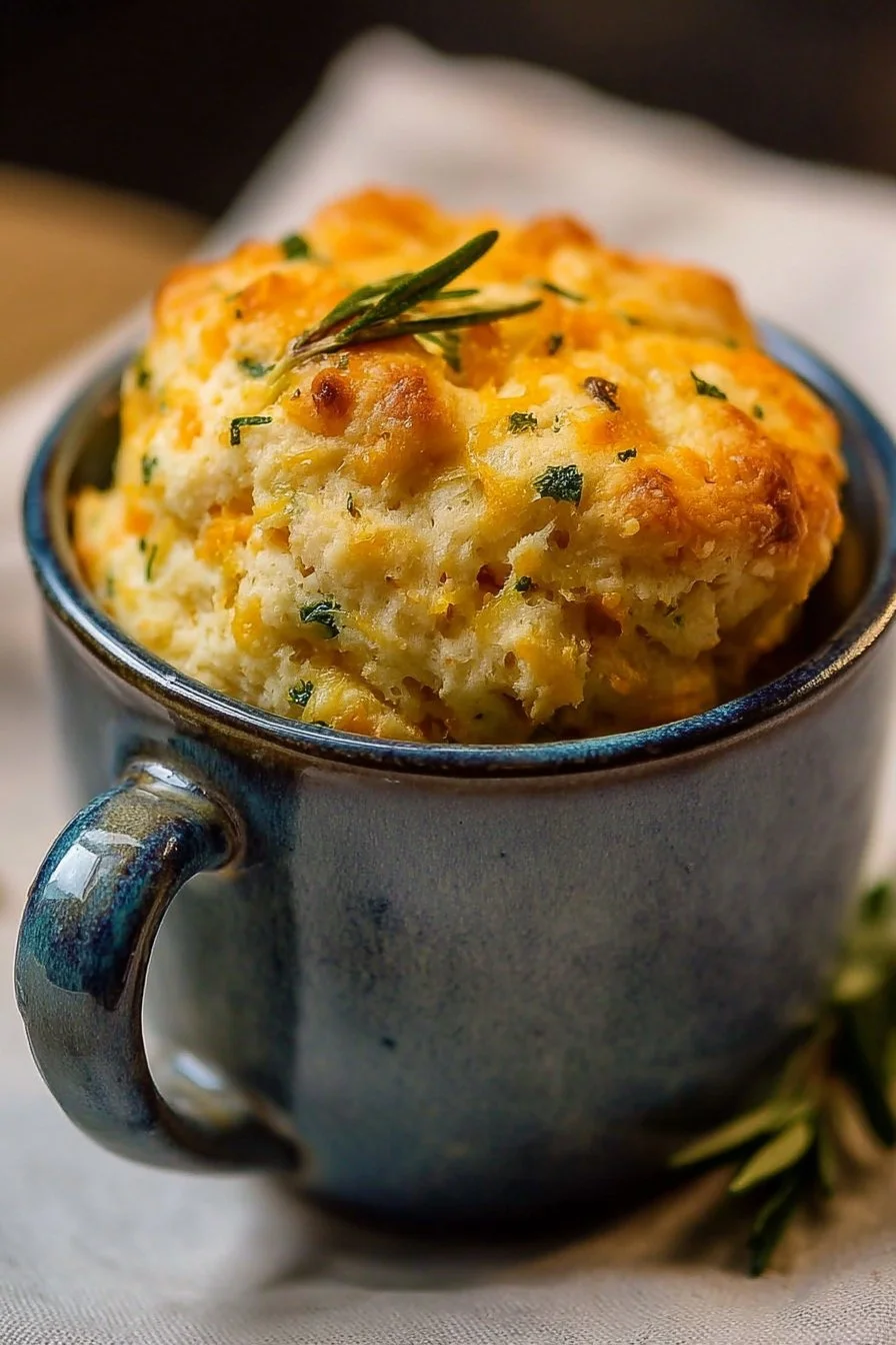Microwave cheddar and herb biscuit prepared in a mug for quick snacking