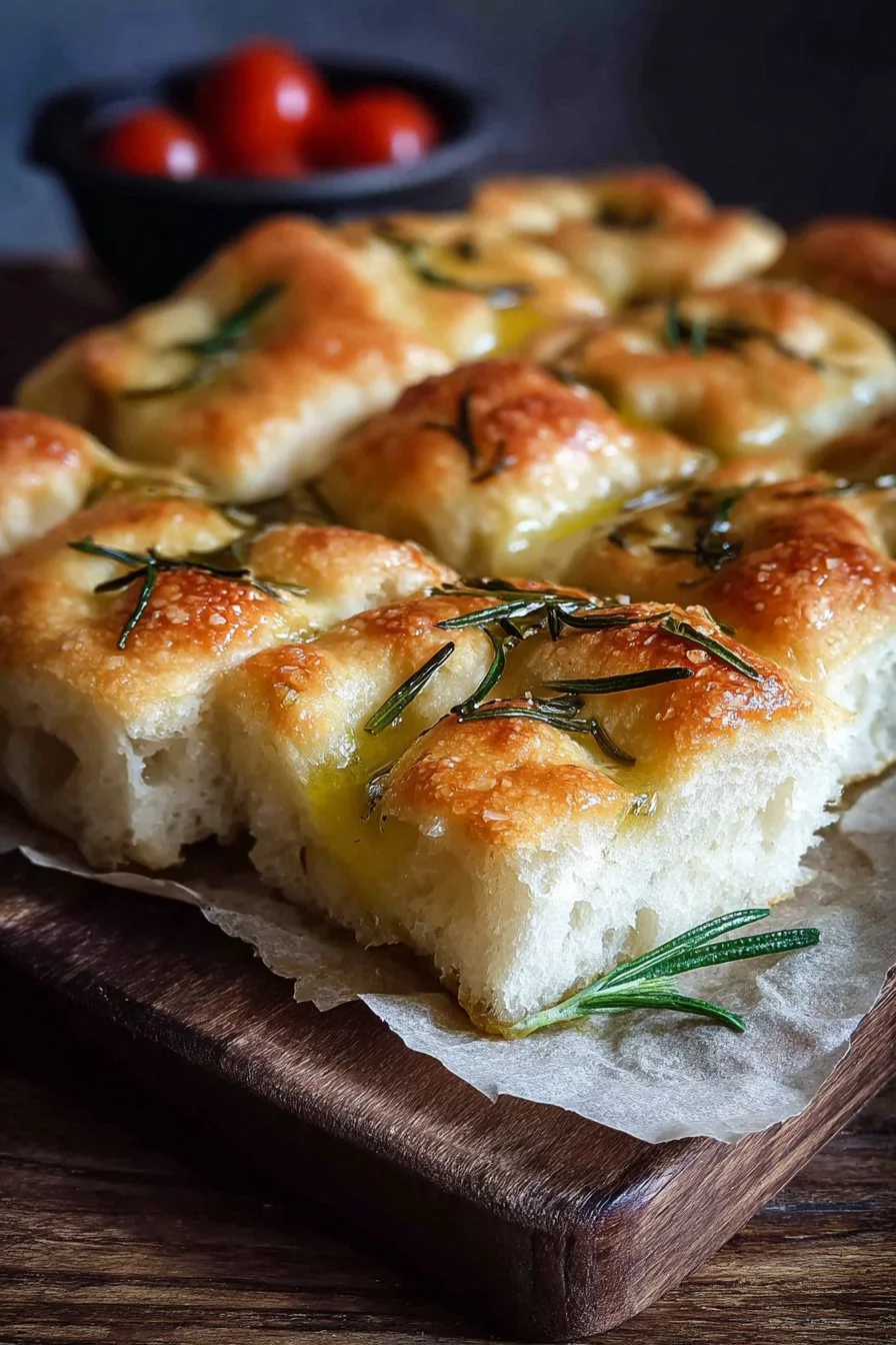 Mini No-Knead Focaccia bread, fluffy and golden brown, served on a wooden board