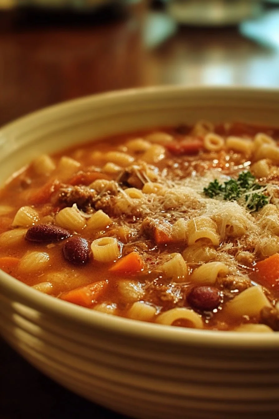 A bowl of Olive Garden-style pasta and beans dish, showcasing a hearty meal.