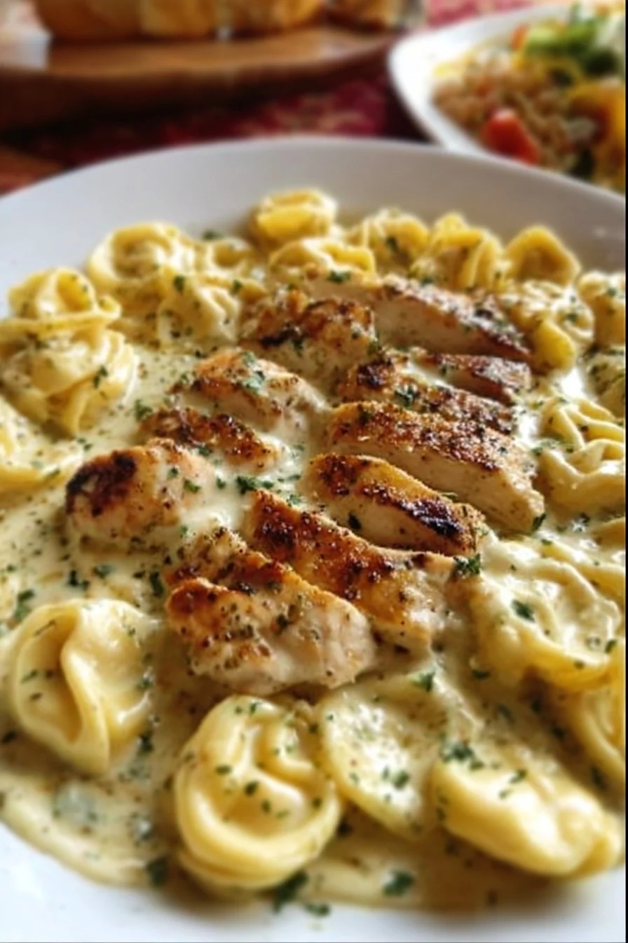 Olive Garden's Asiago Tortelloni Alfredo with grilled chicken served in a bowl