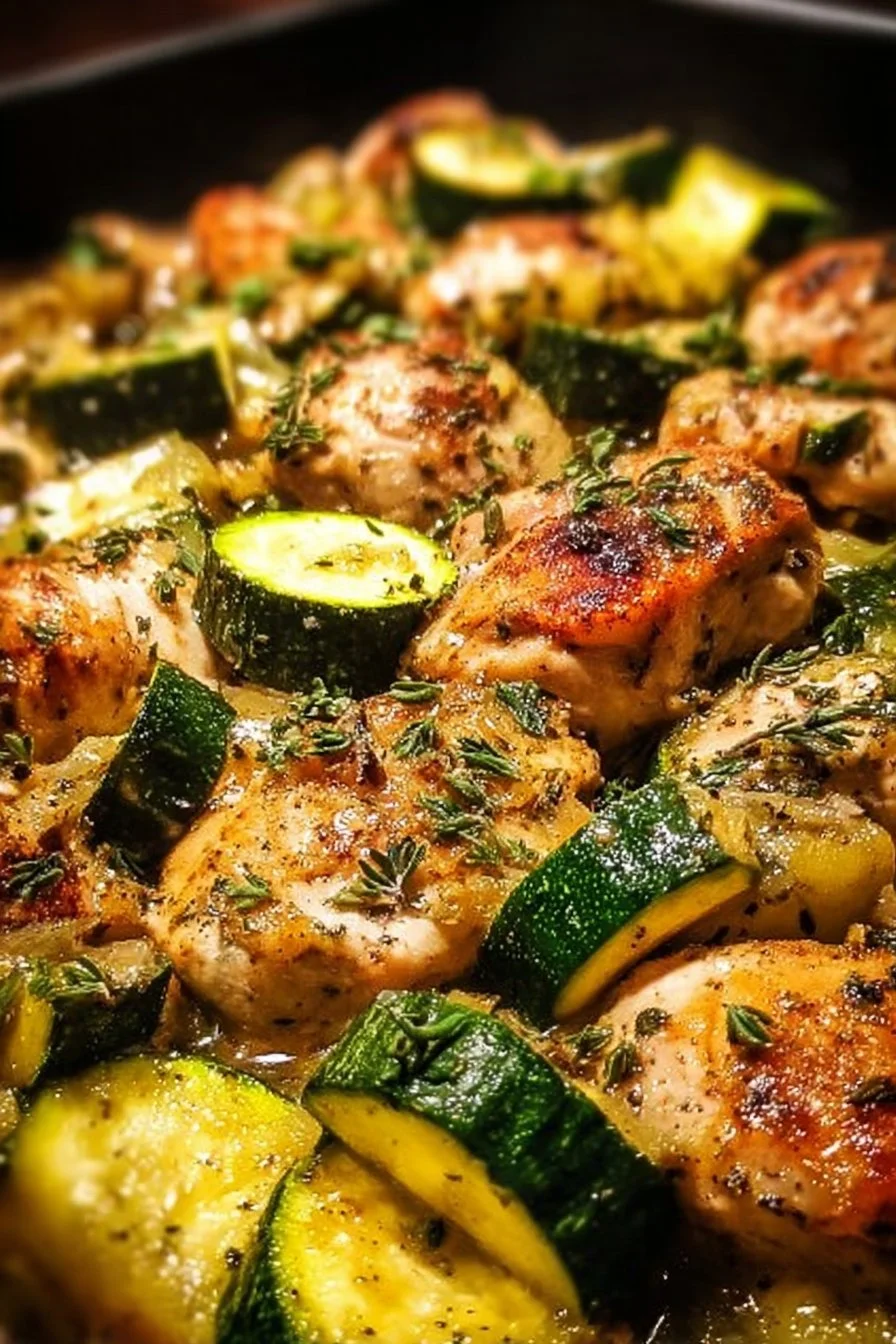 One-pan baked chicken and zucchini dish ready to serve, healthy dinner recipe