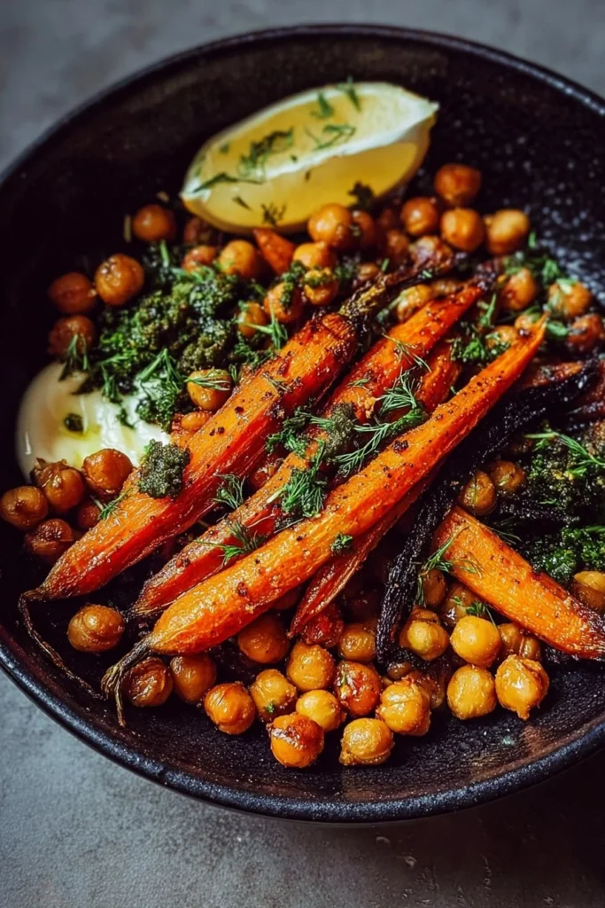 Colorful one-pan roasted carrot and chickpea bowl served in a rustic dish