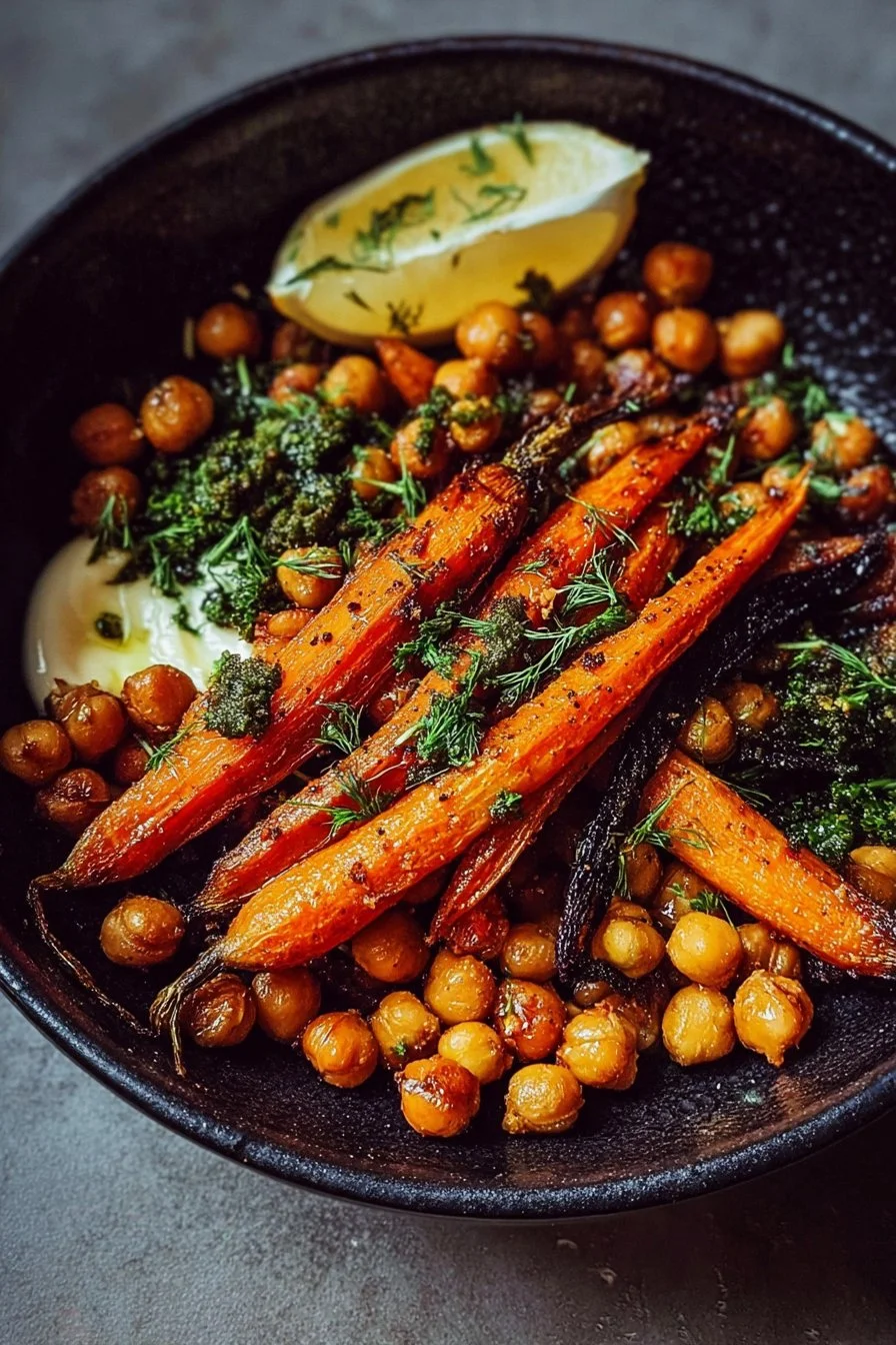 Colorful one-pan roasted carrot and chickpea bowl served in a rustic dish