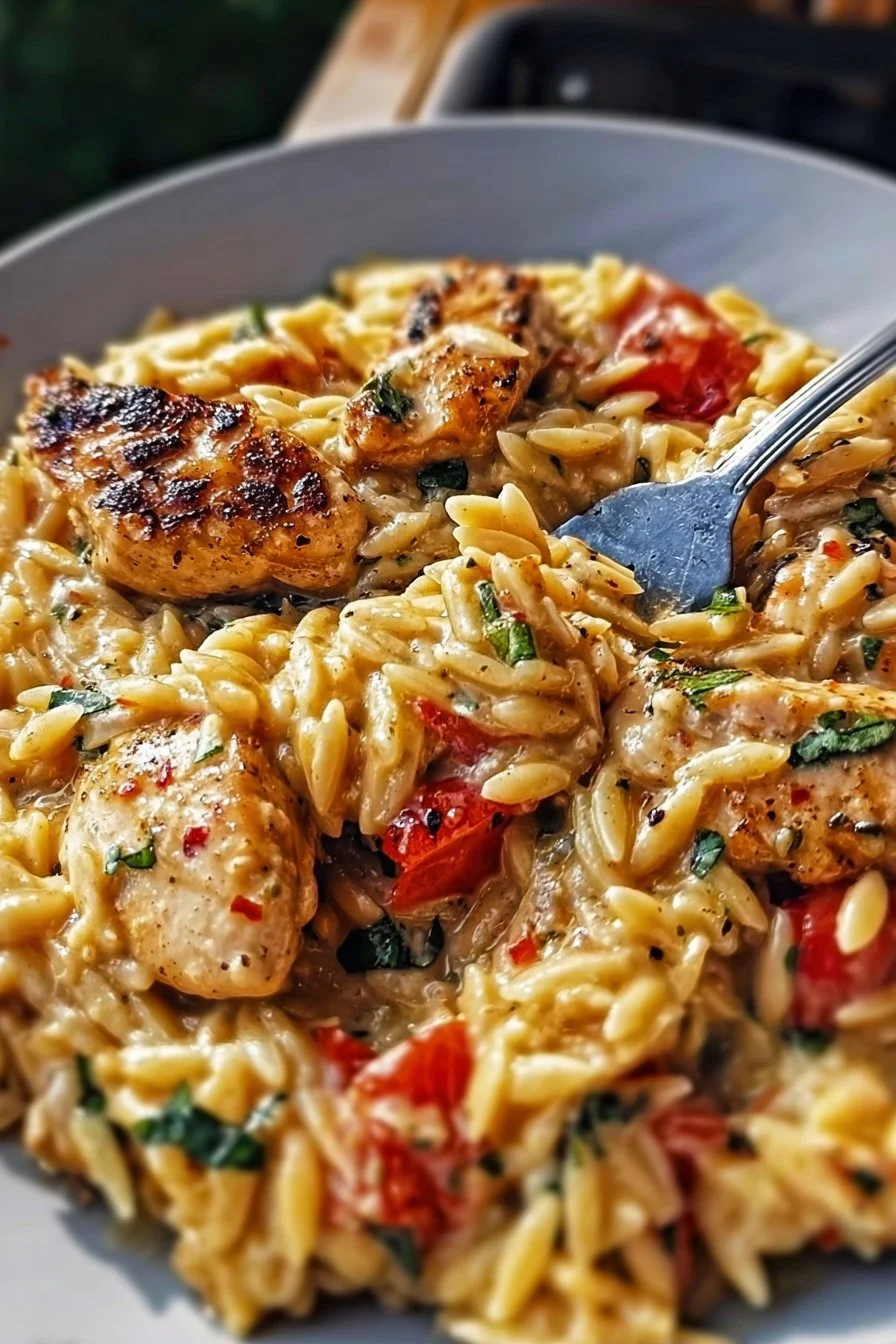 One-Pot Cajun Chicken Alfredo Orzo dish served in a bowl with fresh herbs