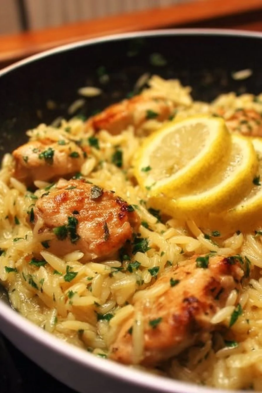Delicious One-Pot Lemon Garlic Chicken Orzo served in a white bowl