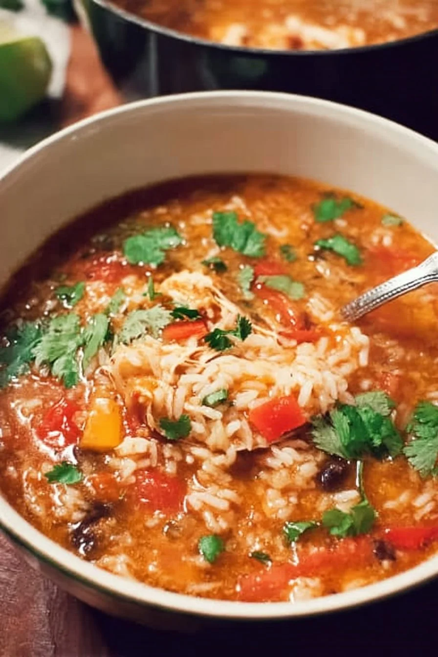 One Pot Pepper Jack Chicken Fajita and Rice Soup in a bowl
