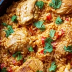One Pot Queso Chicken and Rice dish with creamy sauce and vibrant ingredients