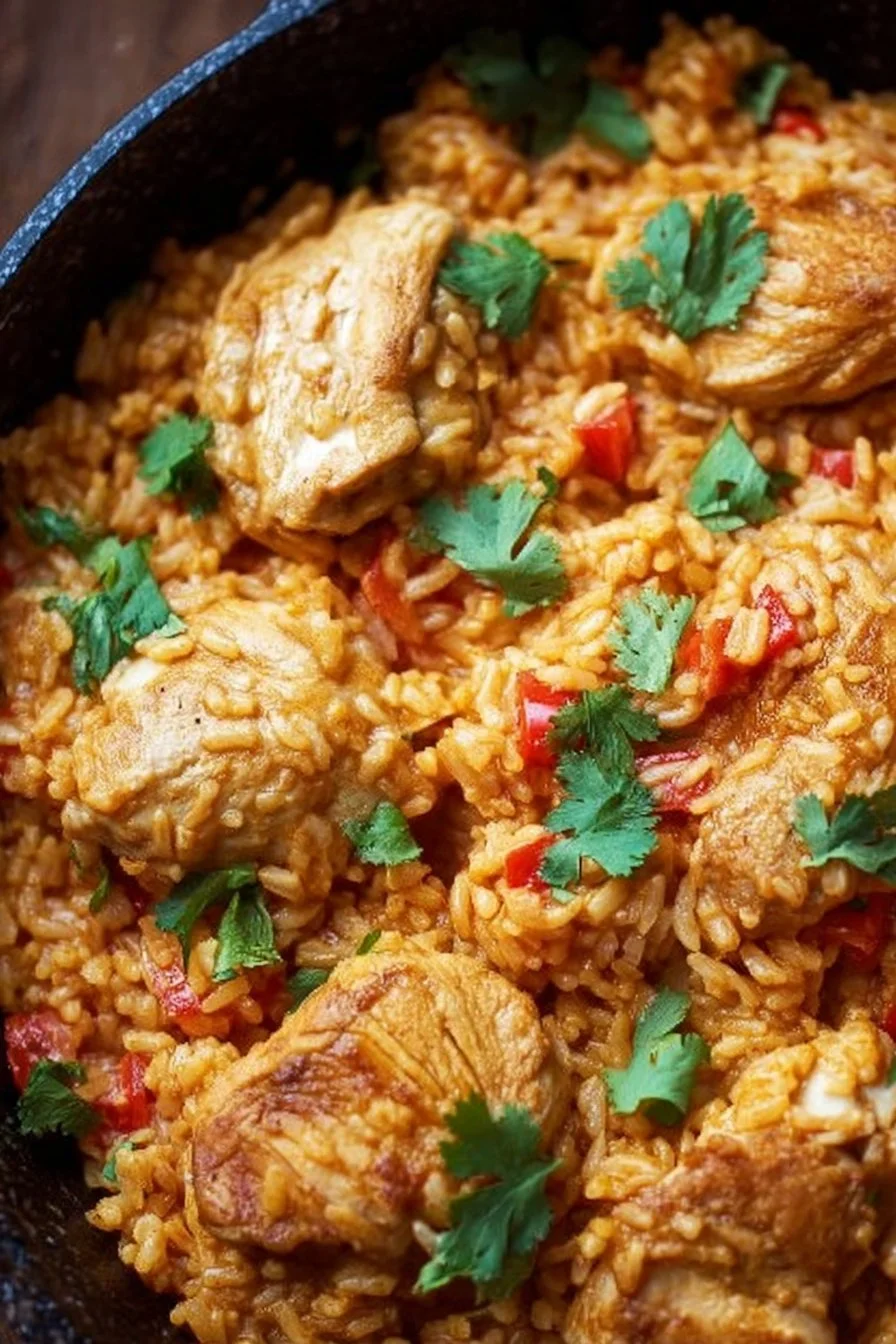 One Pot Queso Chicken and Rice dish with creamy sauce and vibrant ingredients