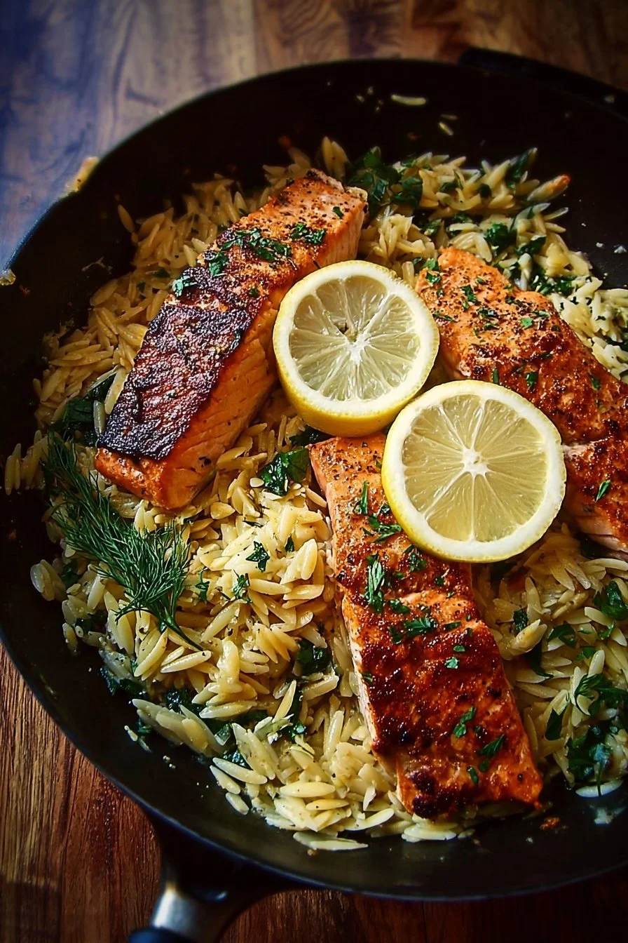 One Skillet Salmon with Lemon Orzo served in a white dish garnished with lemon slices