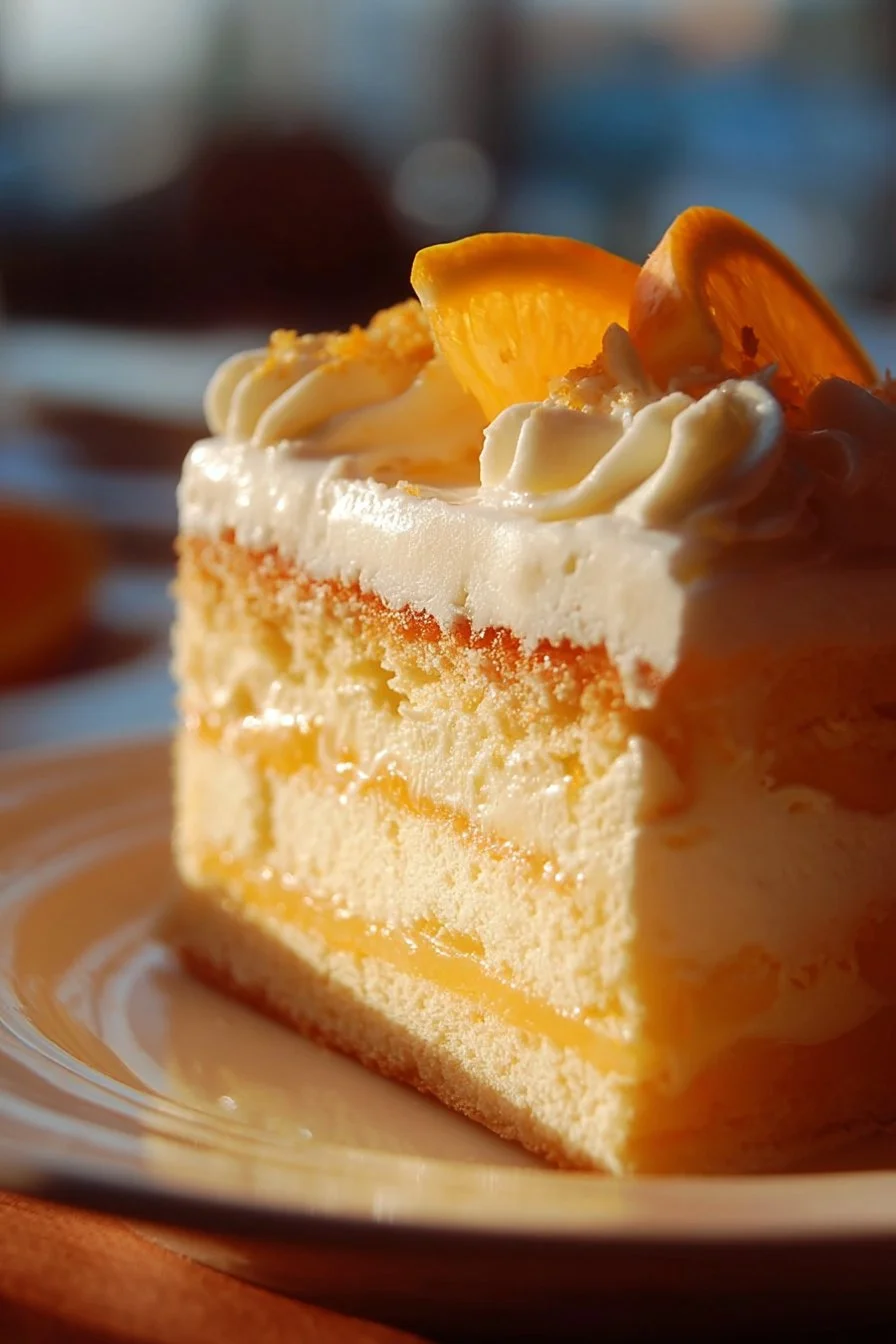 Delicious Orange Creamsicle Cake topped with orange frosting and cream.