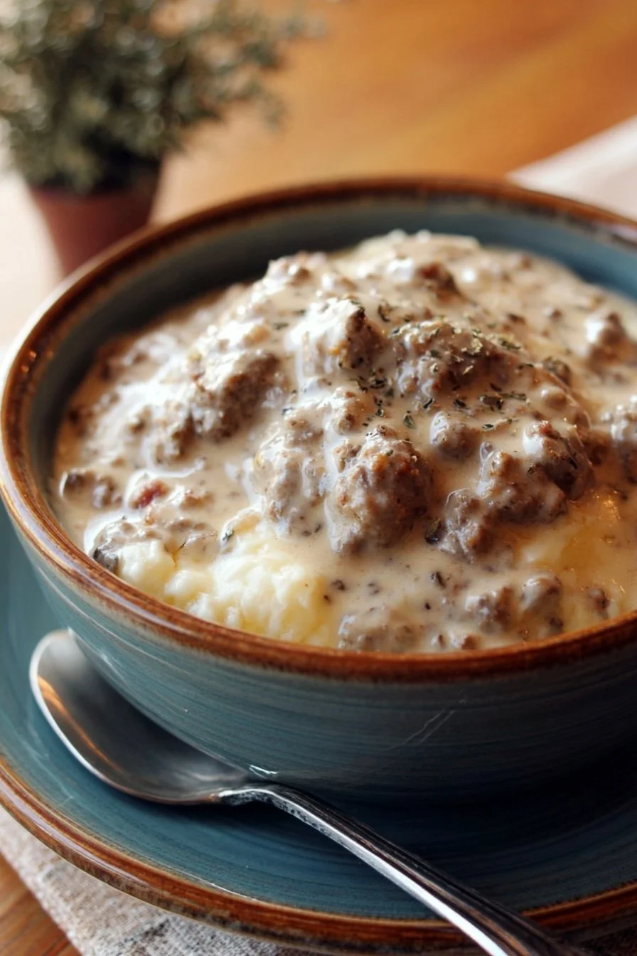 A bowl of creamy Pioneer Woman sausage gravy served over biscuits.