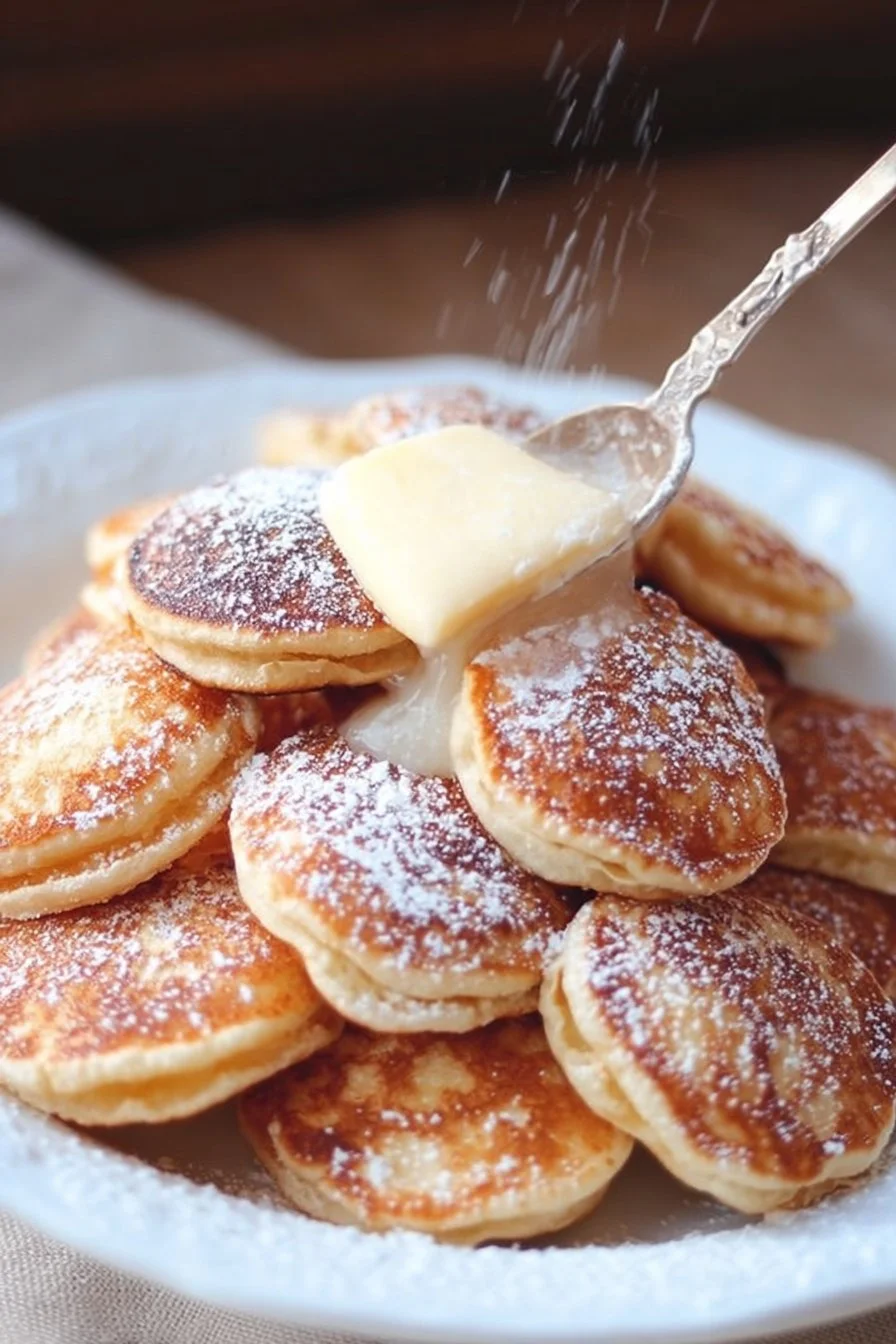 Poffertjes recipe (Dutch mini pancakes) 2 Deliciously fluffy poffertjes, traditional Dutch mini pancakes served with powdered sugar.