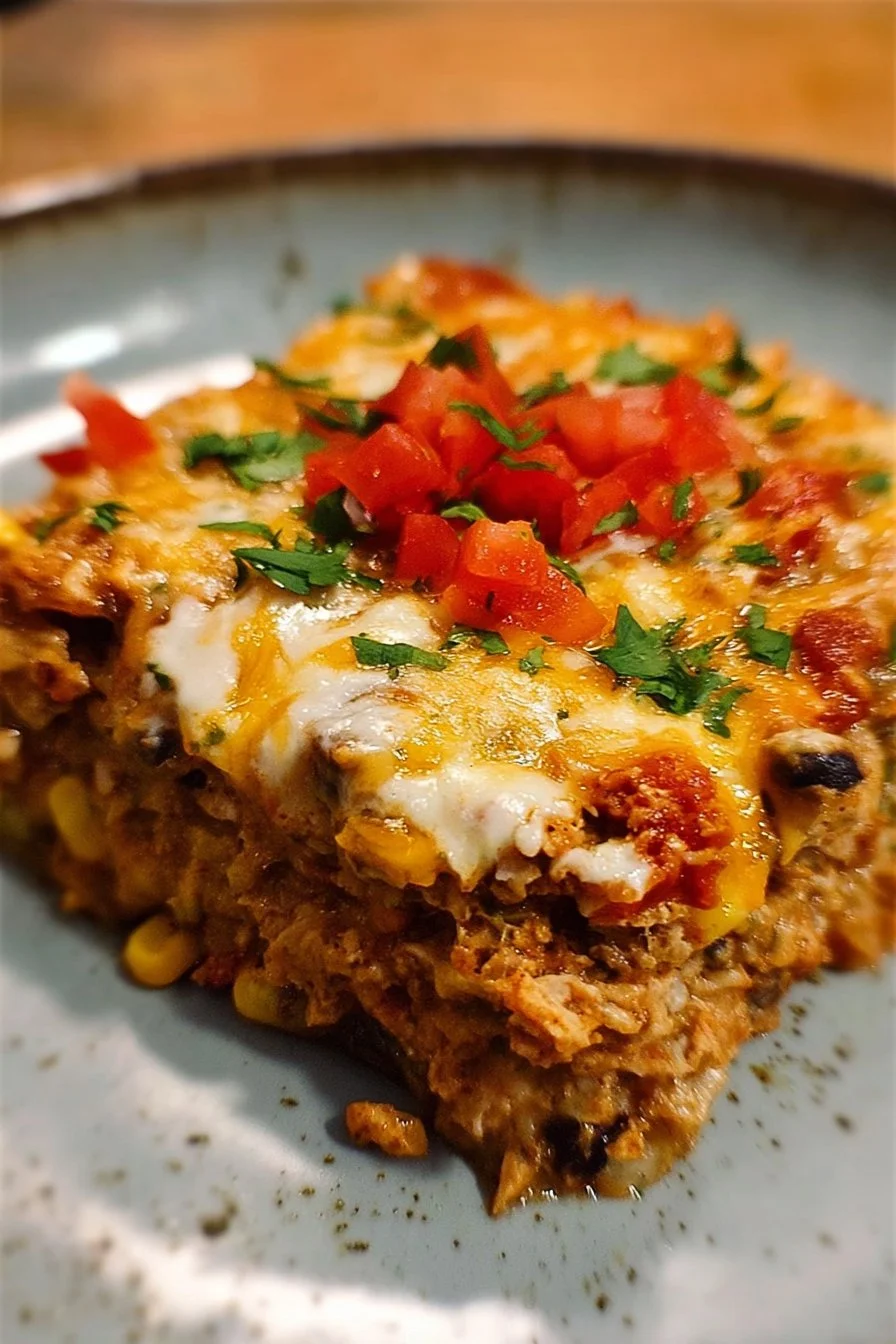 Delicious protein burrito casserole topped with cheese and colorful ingredients
