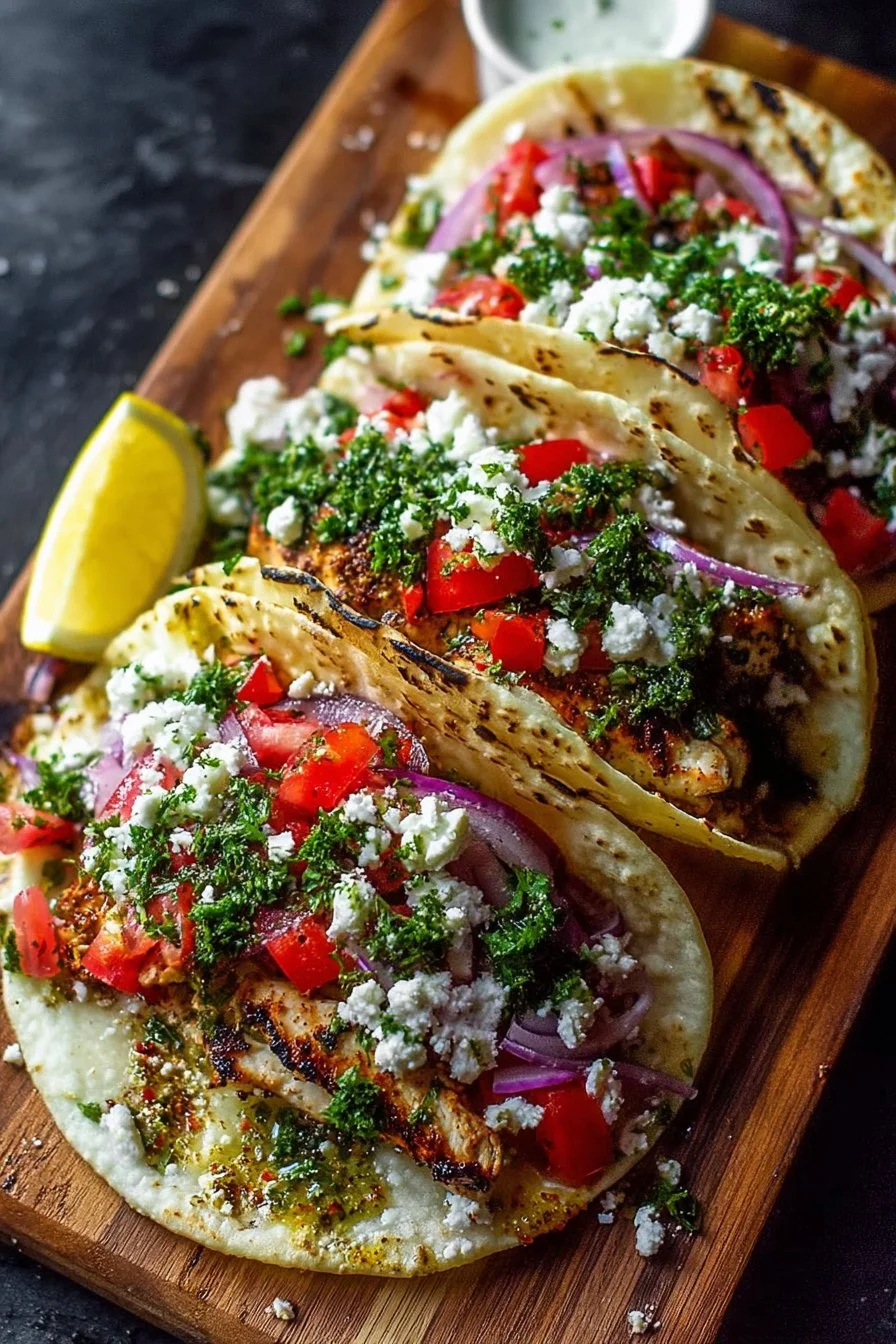 Delicious quick Mediterranean chicken tacos topped with fresh ingredients