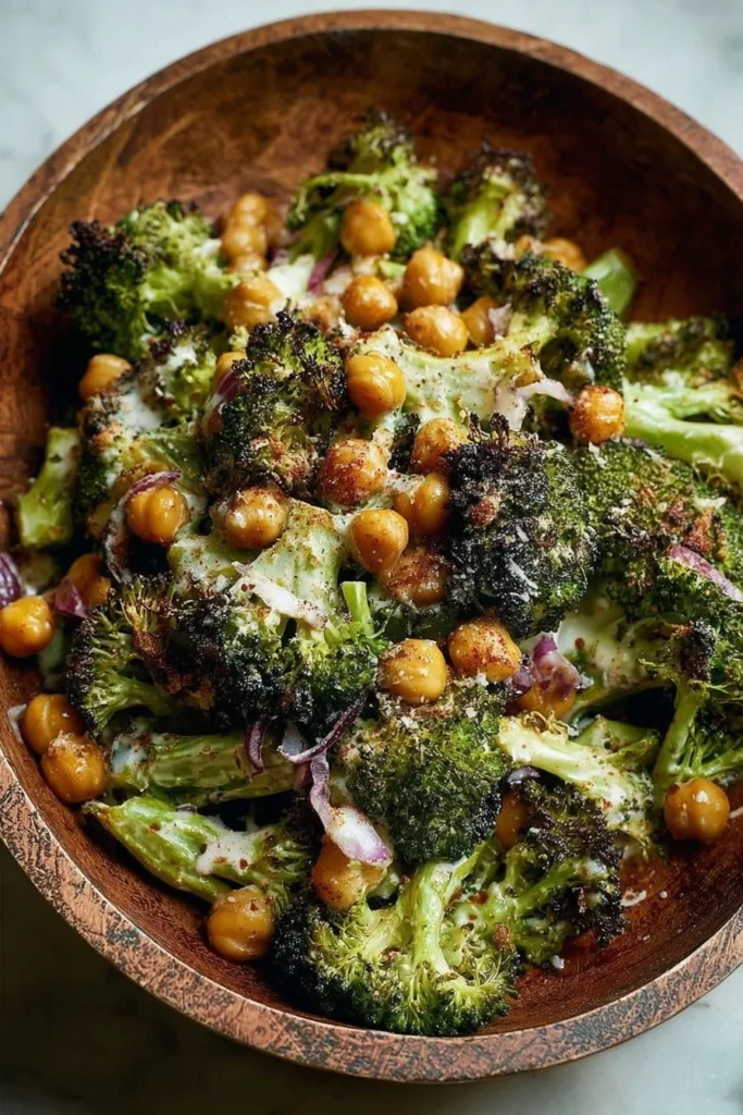 Roasted broccoli and chickpea salad with tahini-parmesan dressing in a bowl.