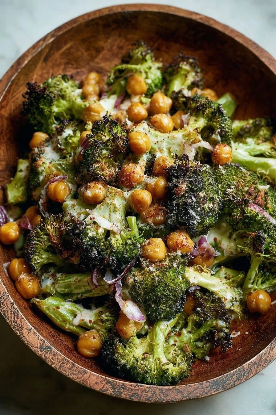 Roasted broccoli and chickpea salad with tahini-parmesan dressing in a bowl.