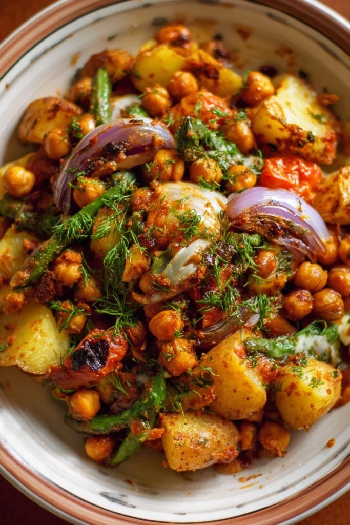 Roasted potato salad with BBQ chickpeas in a serving bowl, perfect for summer meals.