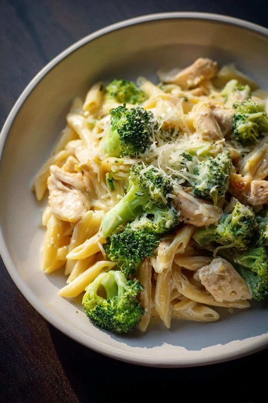 Plate of rotisserie chicken broccoli pasta served with cheese