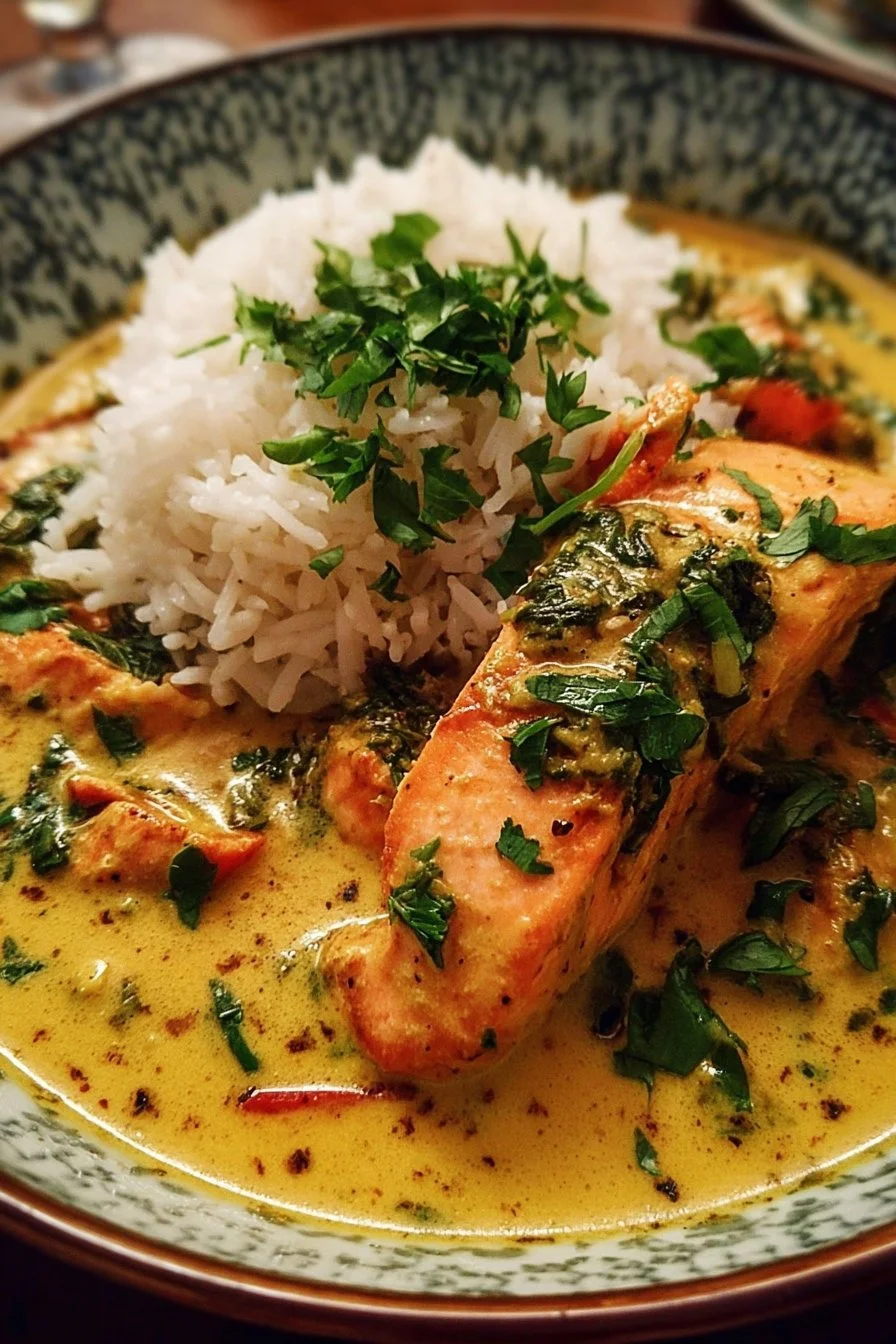 Delicious salmon curry dish garnished with herbs and served with rice