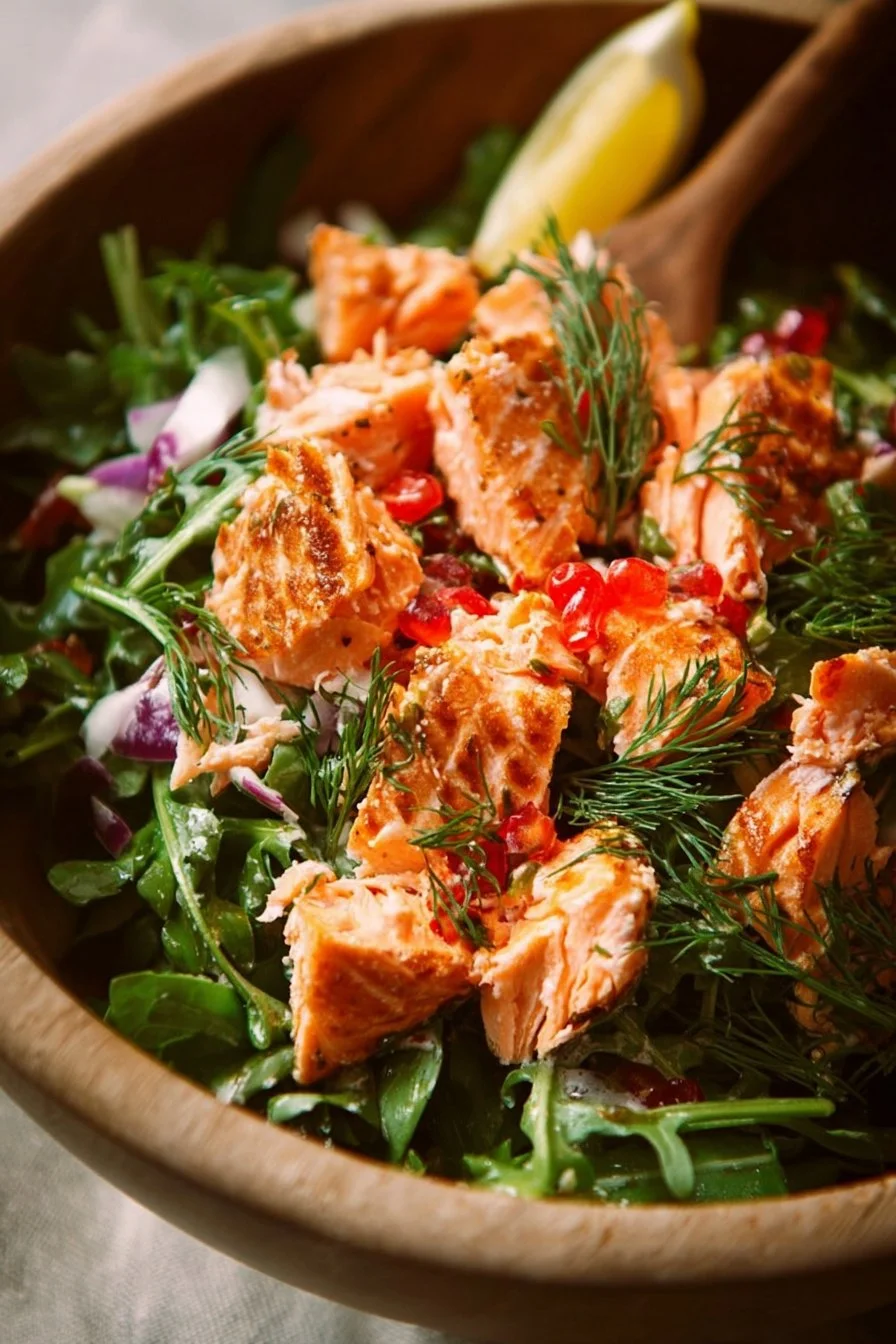 Delicious salmon salad with fresh vegetables and lemon dressing