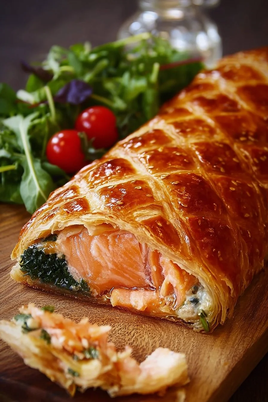 Delicious Salmon Wellington served with a side salad