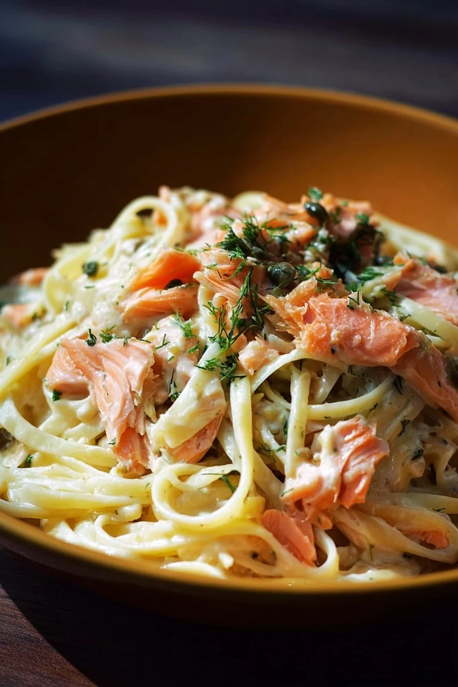 Savory smoked salmon linguine served in a creamy sauce with herbs on a plate