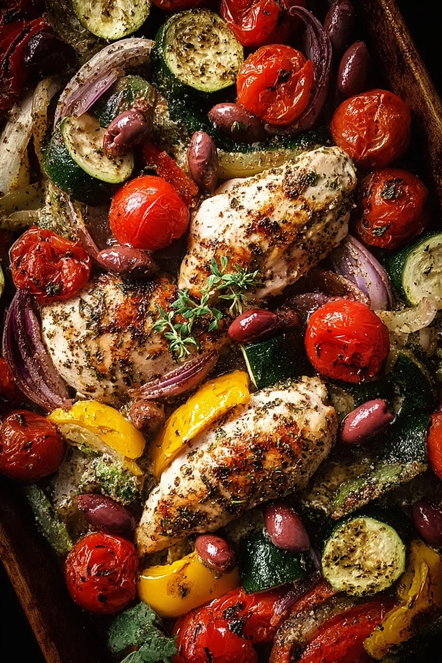 Sheet pan Greek chicken with colorful veggies on a baking tray