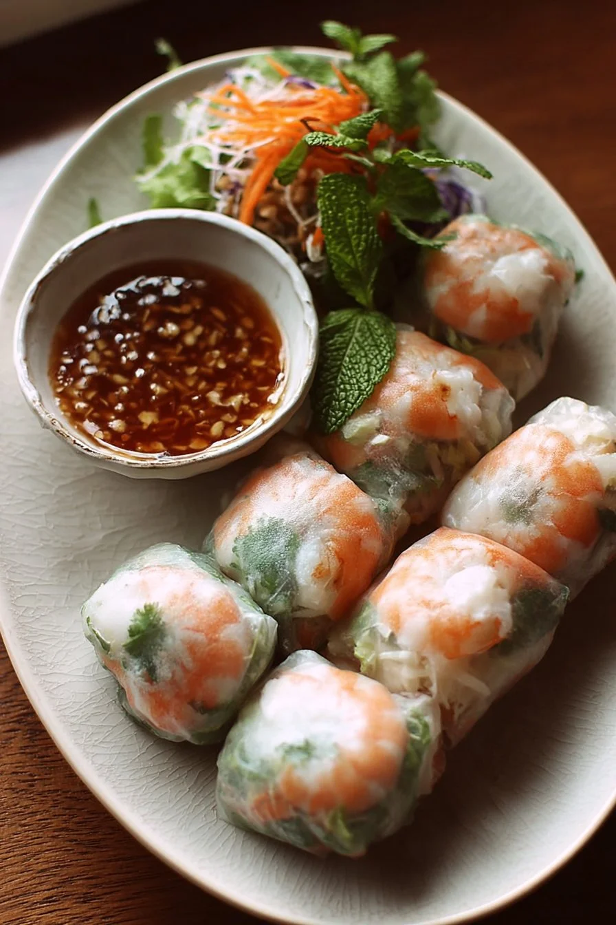 Fresh shrimp spring rolls served with dipping sauce on a plate