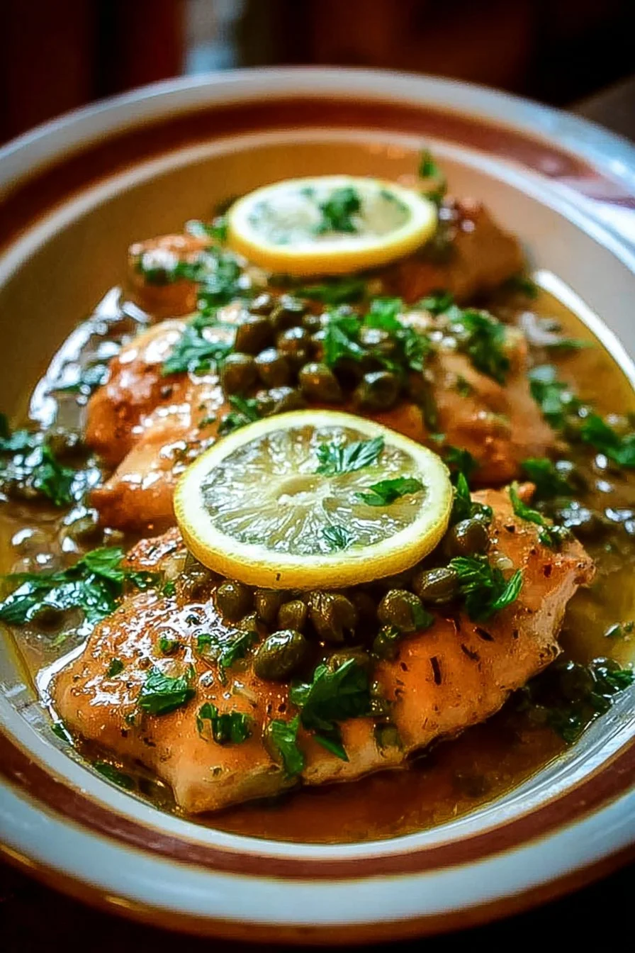 Slow Cooker Chicken Piccata with lemon and capers served on a plate