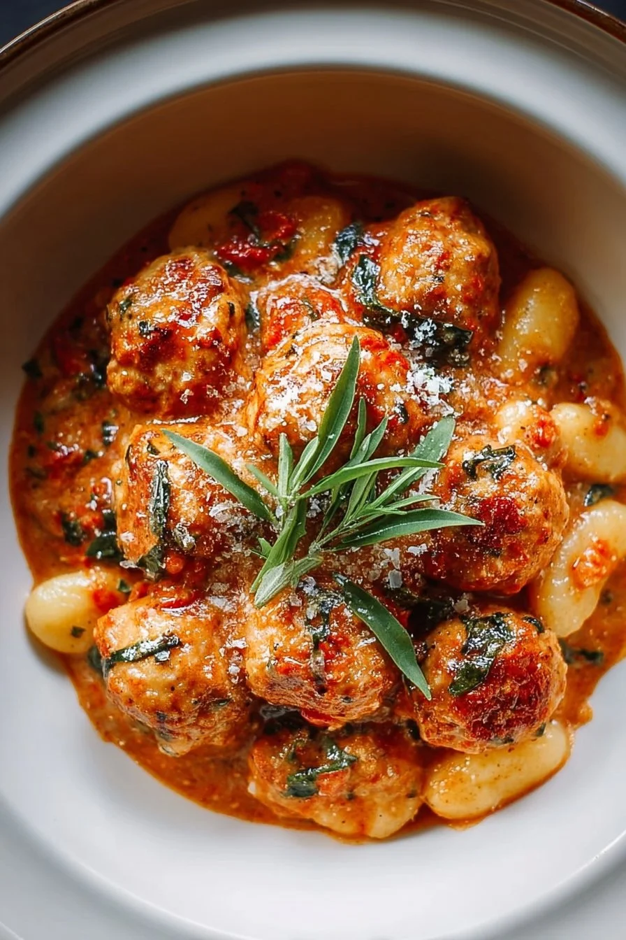 Slow Cooker Tuscan Chicken Meatballs served with fluffy gnocchi in a savory sauce.