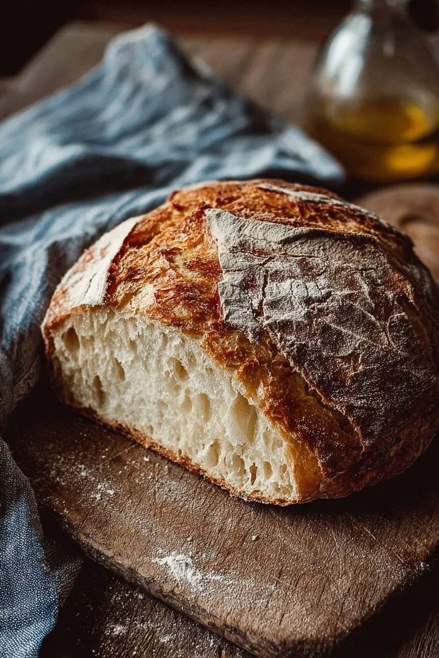 Freshly baked sourdough bread on a wooden cutting board