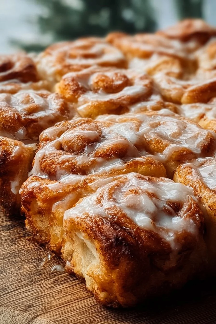 Sourdough Cinnamon Roll Focaccia topped with cinnamon and icing, freshly baked.