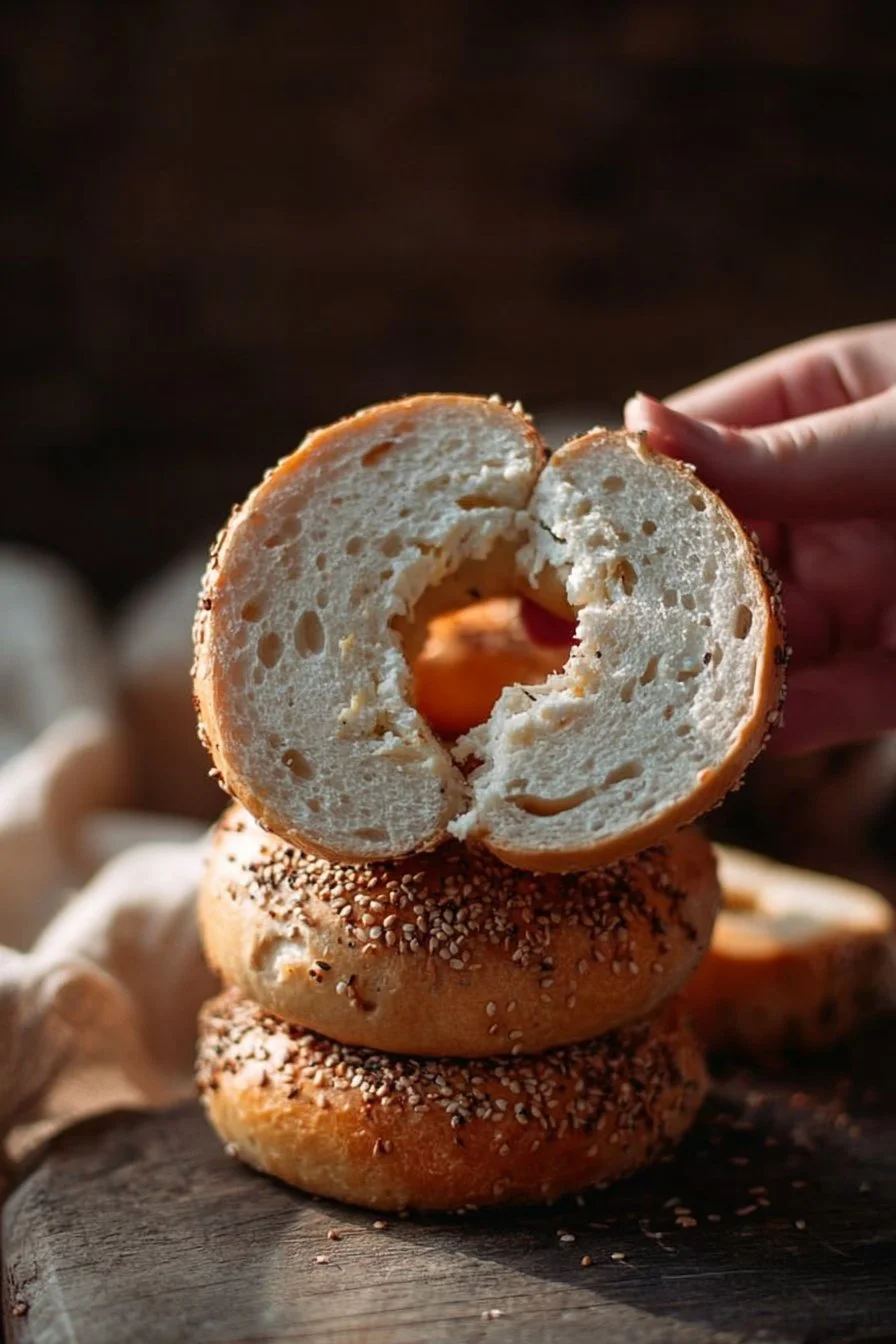 Sourdough cottage cheese bagels topped with sesame seeds.