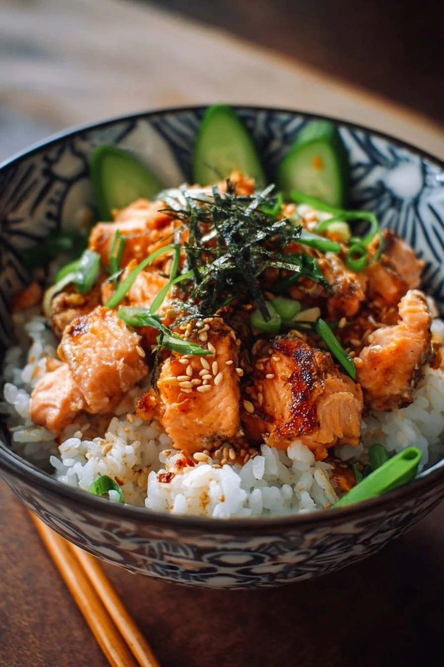 Spicy canned salmon rice bowl with fresh vegetables and sauce