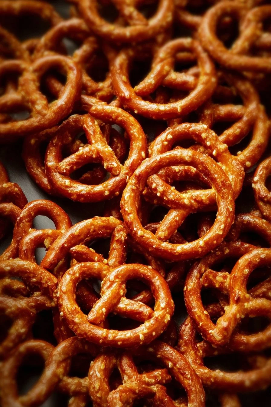 Bowl of crispy Spicy Party Pretzels seasoned with spices and herbs