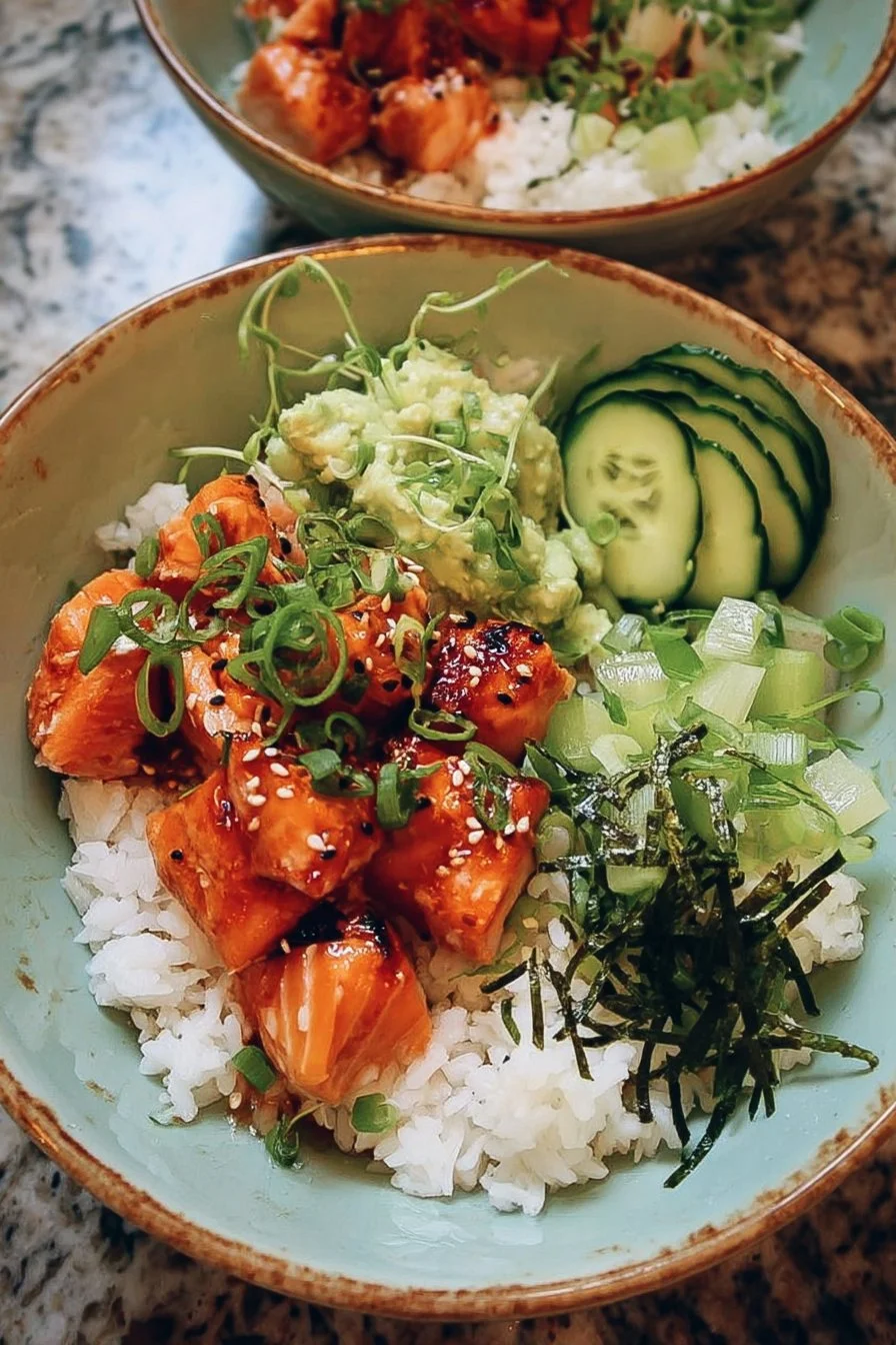 Delicious spicy salmon bowl served with coconut rice and fresh vegetables.