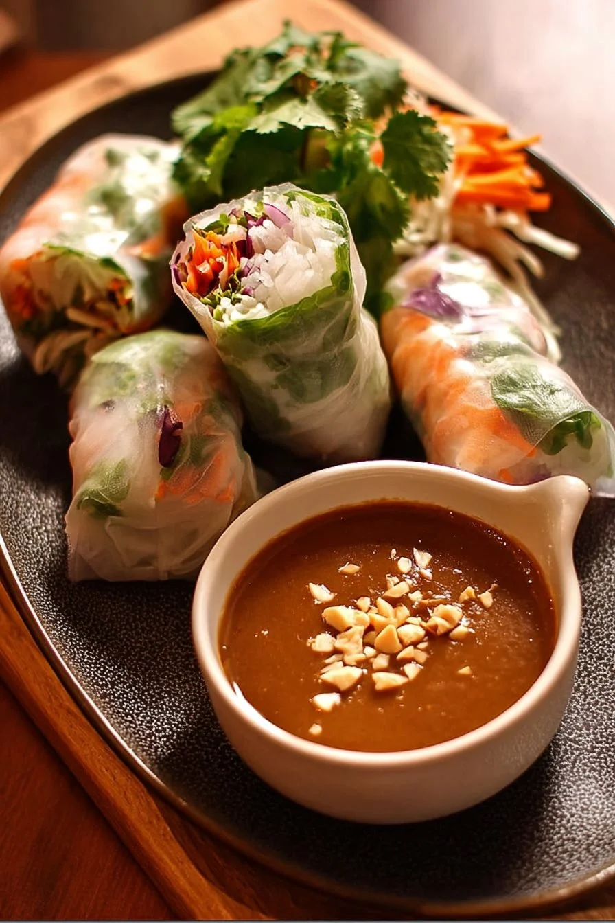 Delicious spring rolls served with creamy peanut sauce