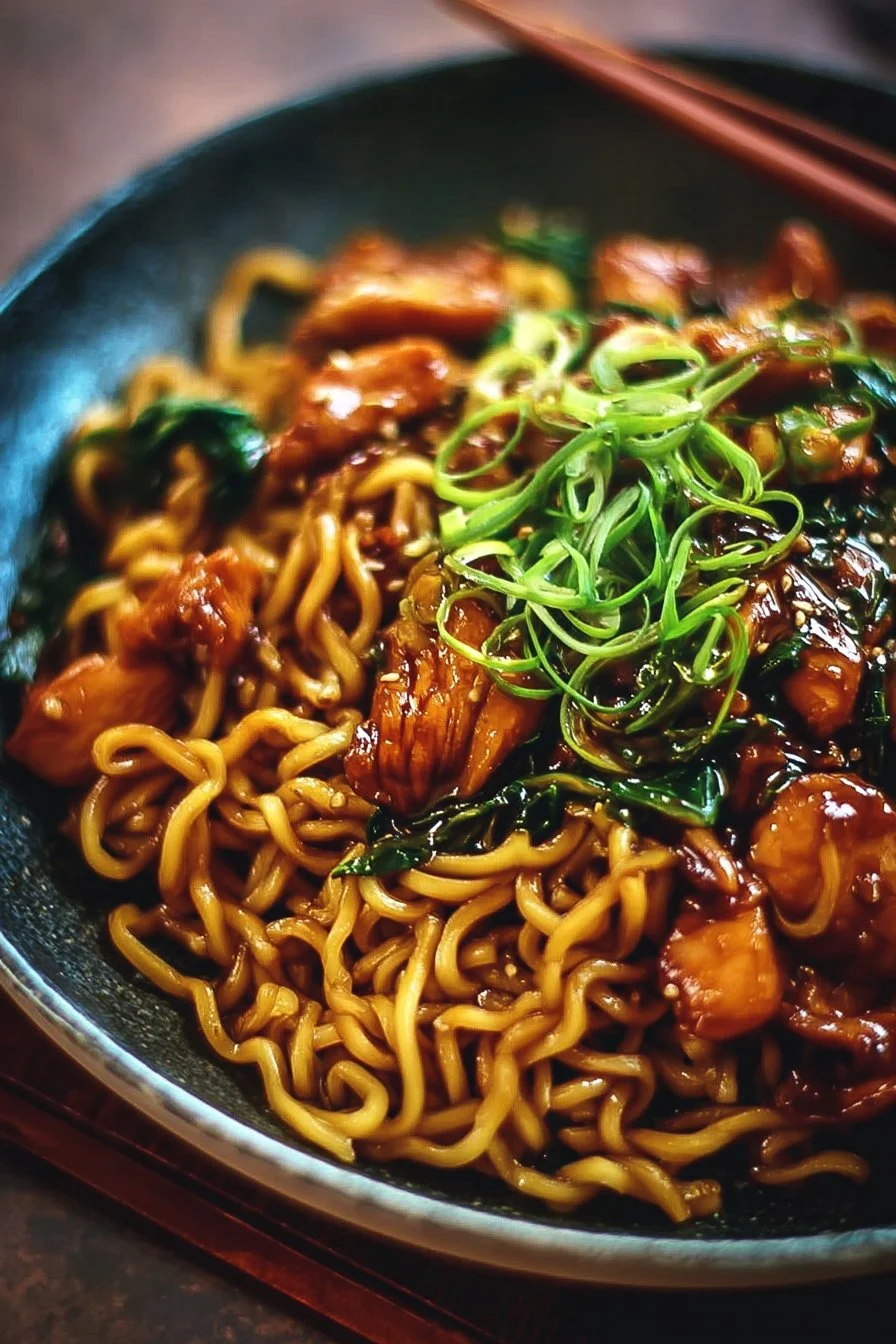 Delicious Sticky Garlic Chicken Noodles served in a bowl