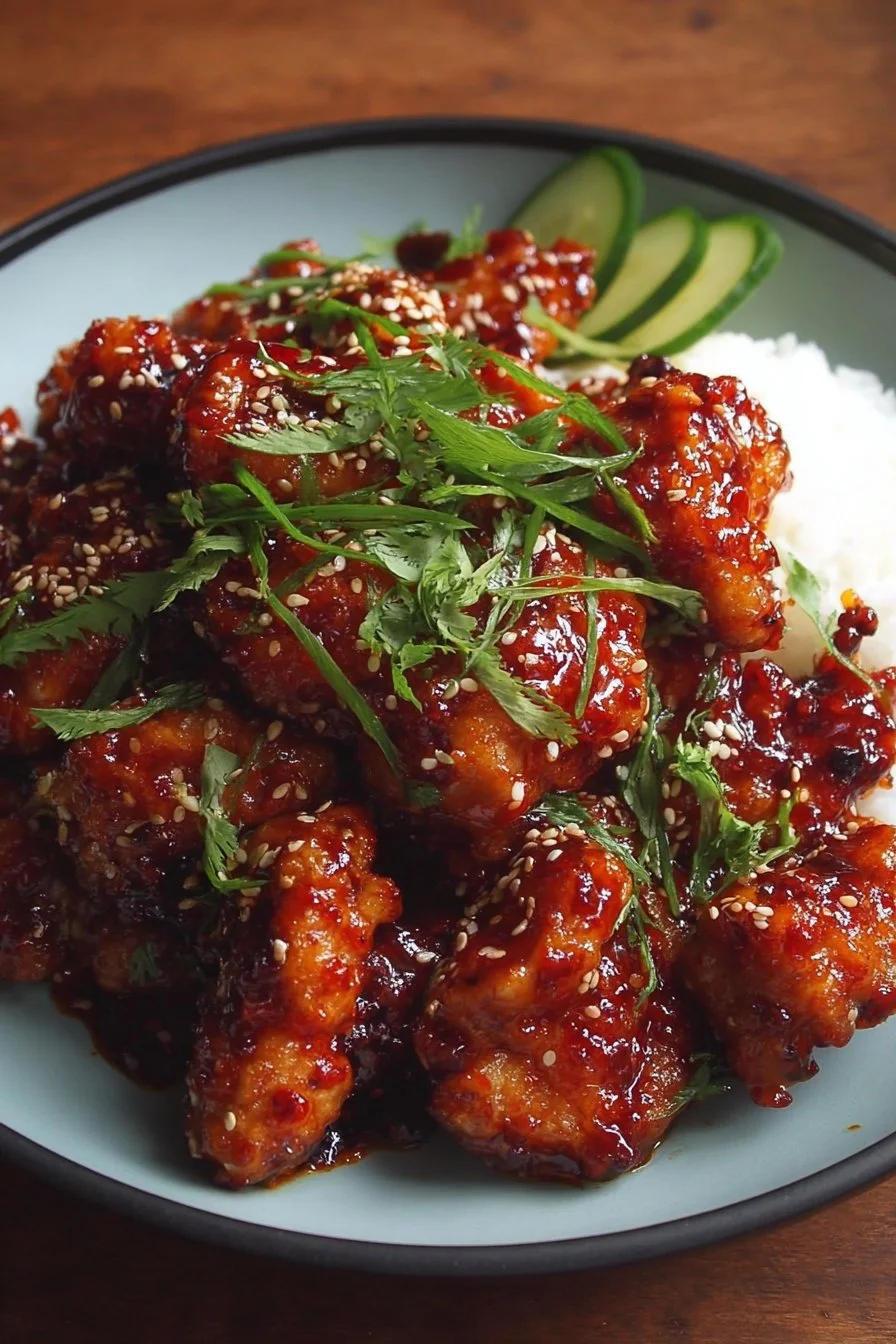 Delicious Sticky Honey Gochujang Chicken served on a plate with garnish.