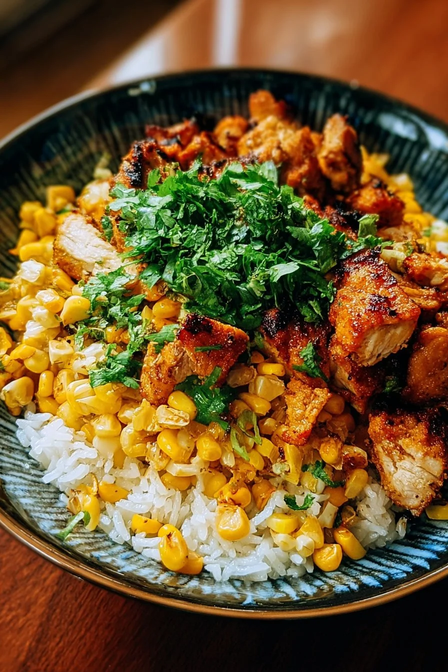 Delicious Street Corn Chicken Rice Bowl with fresh ingredients and vibrant flavors.