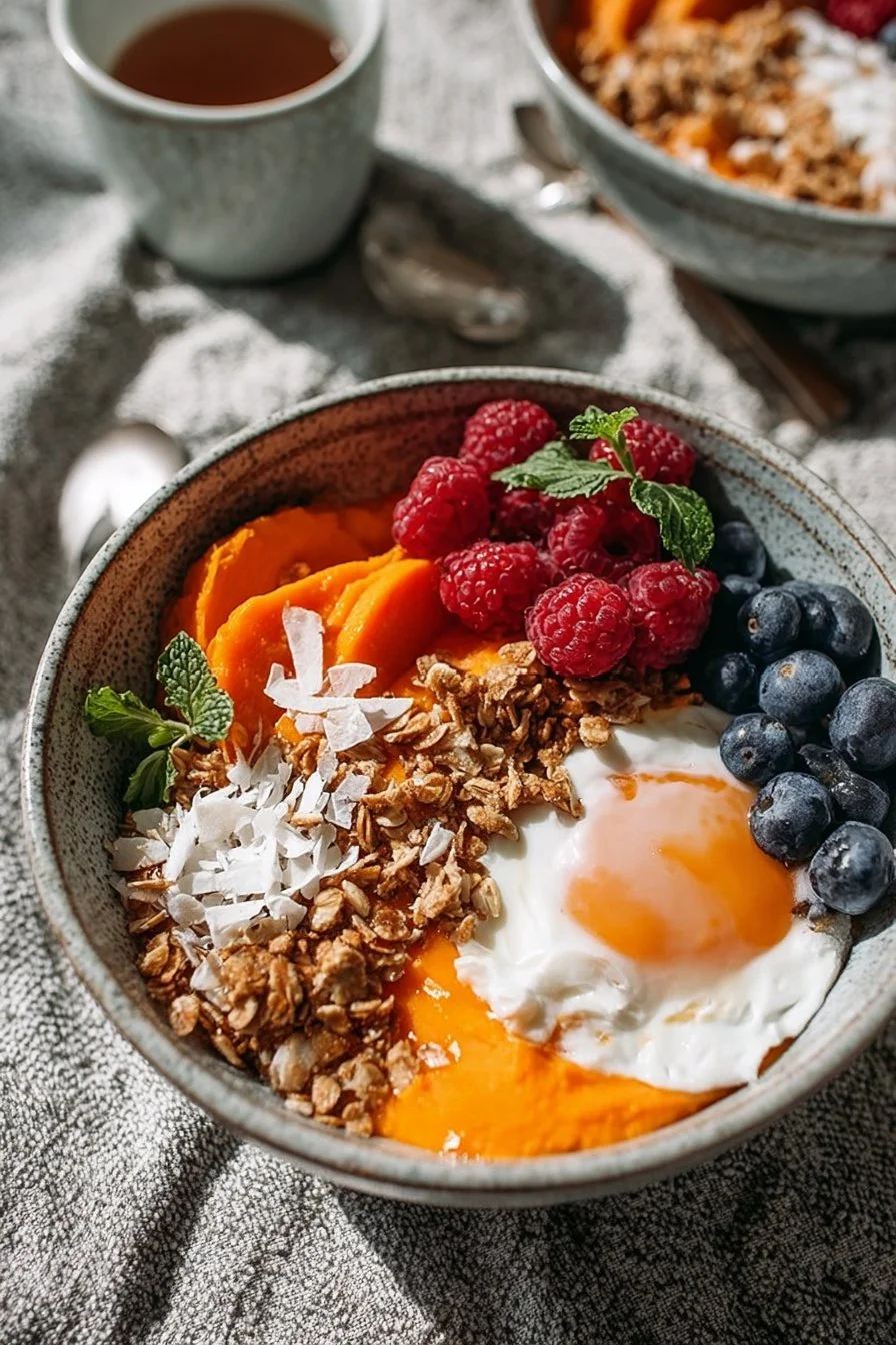 Sweet potato breakfast bowl topped with fruits and nuts