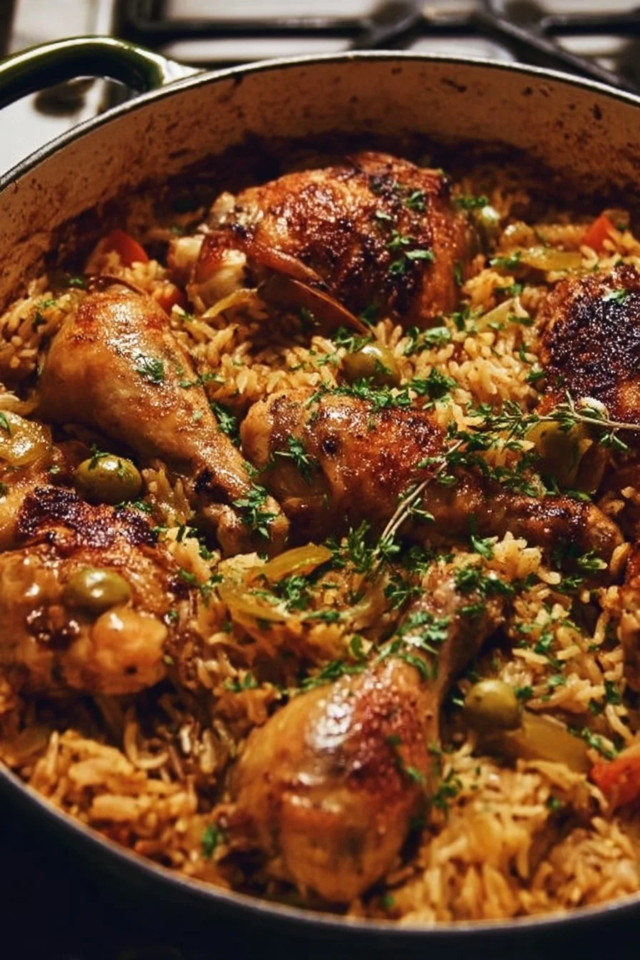 Delicious Dutch oven chicken and rice dish served in a rustic pot.