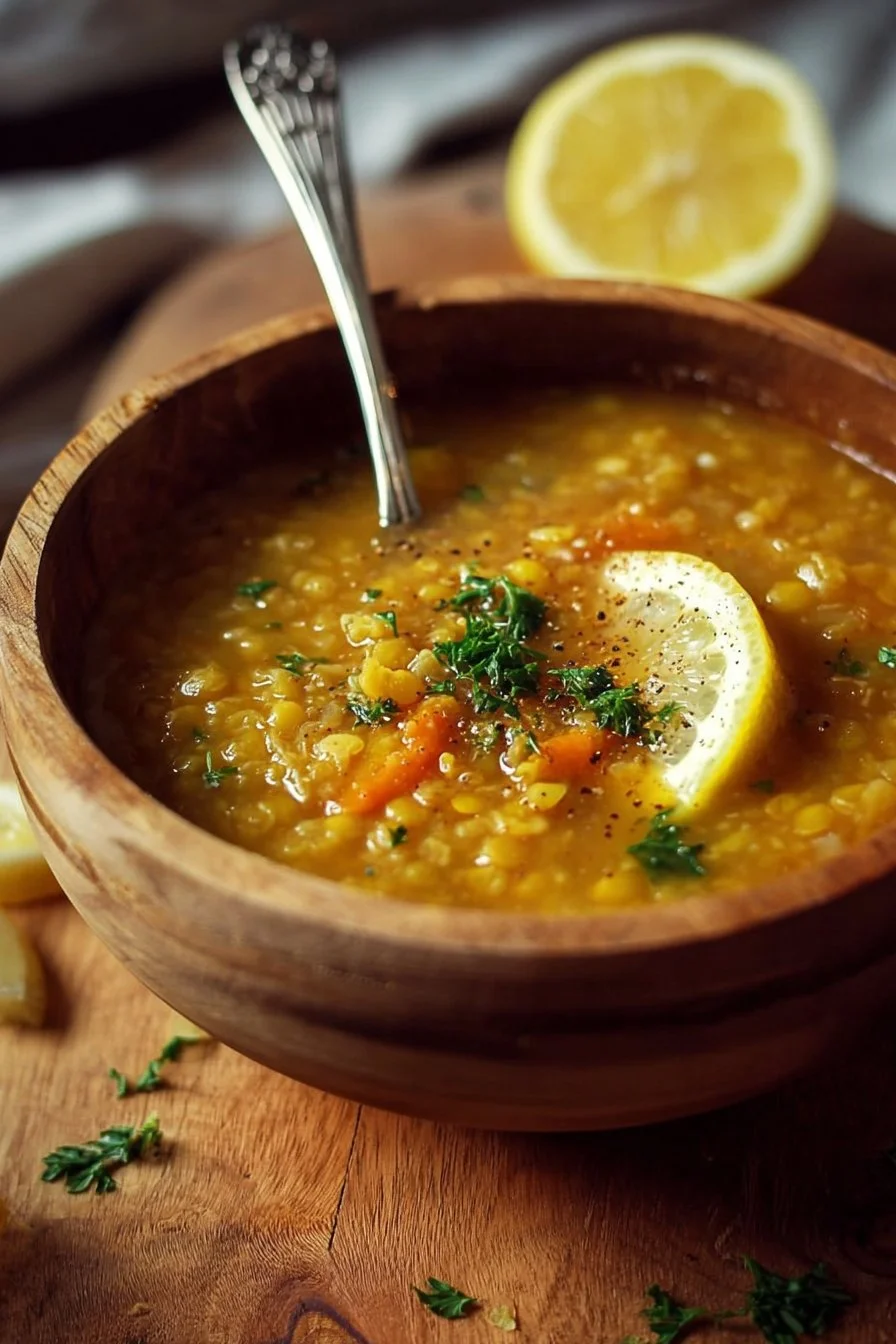 Delicious bowl of Vegan Lemon Lentil Soup garnished with fresh herbs