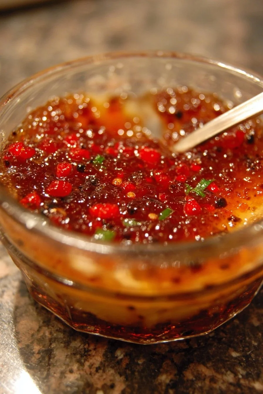 Delicious warm pepper jelly dip served in a bowl with crackers