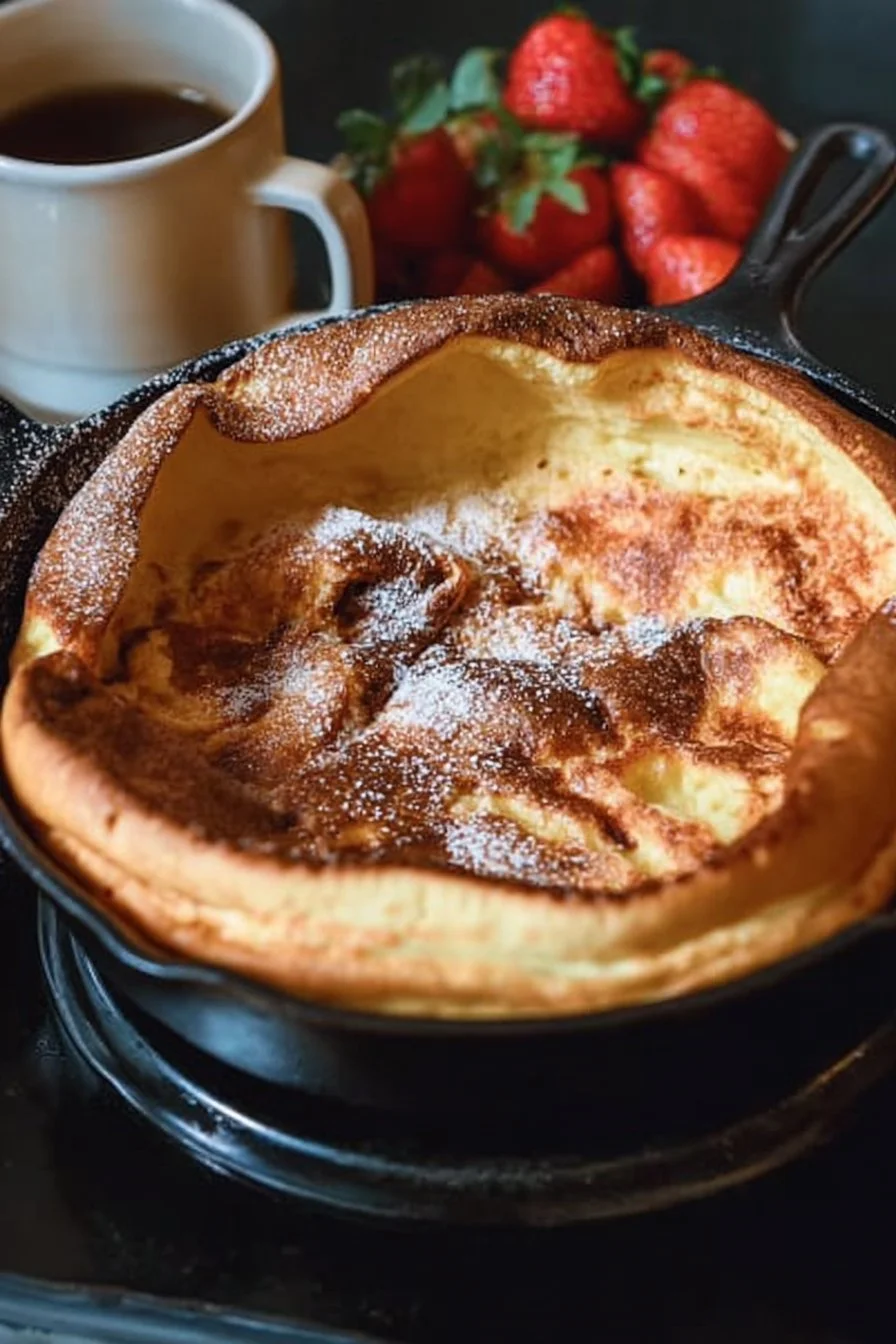 Delicious sky-high Dutch baby pancakes served with fresh fruit and syrup.
