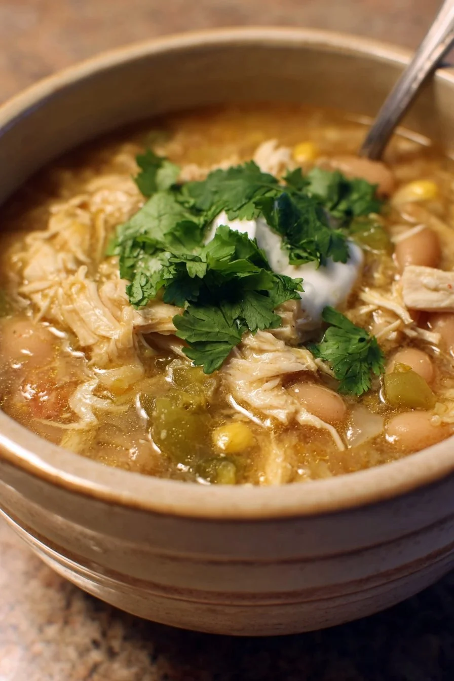 Bowl of Zero Point Weight Watchers white chicken chili topped with fresh herbs
